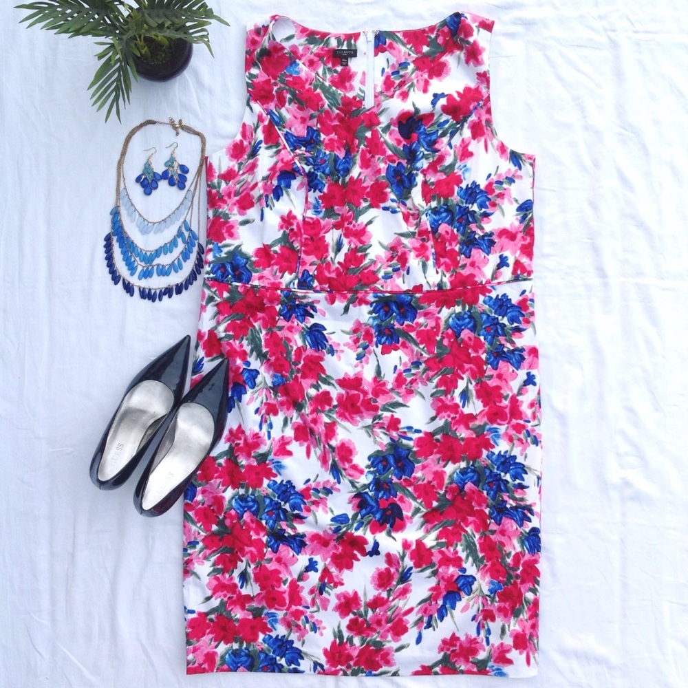 Talbots White Sheath Dress with Pink & Blue Floral Print